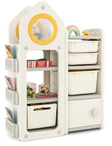 GYMAX Kids Storage Unit, Toddler Toy Organizer with Large Bins, Pull-Out Drawers & Enclosed Cabinets, Children Storage Shelf for Playroom Bedroom (Beige+Grey, House Shape: 87 x 38 x 120 cm)