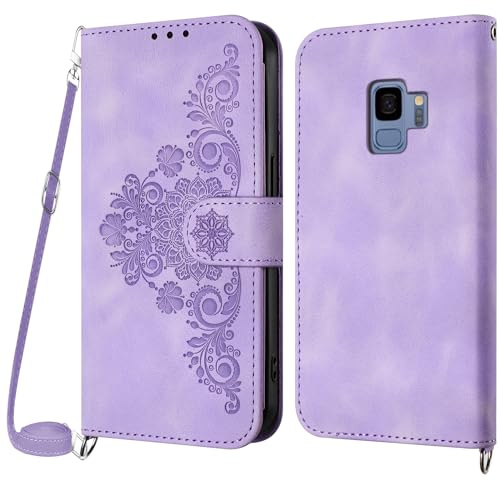 Netany Coque pour Samsung Galaxy S9 avec Cordon, Etui pour Samsung S9 avec Cordon Collier, Etui Portefeuille Protection Housse en Cuir PU avec [Bandoulière Réglable] Lanyard Case Cover (Violet)