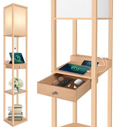 OUTON Shelf Floor Lamp with Drawer, 2 USB-C Ports, LED Column Floor Lamp with USB & Type C Port, 3 Color Temperature, Storage Display Wood Standing Lamp for Living Room, Bedroom, Office(Wood)