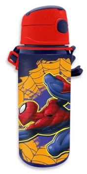 PELLECCHIA 1969 |Borraccia in alluminio con cannuccia da 600 ML | con cinghia per appenderla, apertura automatica con pulsante realizzata per (Spiderman Rosso)