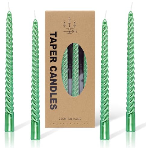 Alederways Dinner Candles, Green Tapered Candles Pillar Spiral Twisted Long Candles Non Drip for St. Patrick Day Birthday Christmas Party Decoration 4Pcs