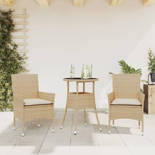 Rantry Gartenmöbel-Set, 3-teilig, mit Kissen aus Polyrattan und Glas, Gartenmöbel, Tisch und Stühle für den Außenbereich, Modell 3278625