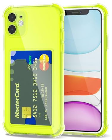 Svanove für iPhone 11 Hülle Kartenfach Silikon Durchsichtig, Dünn Transparent Karten Wallet Handyhülle mit Kameraschutz, Klar TPU Karte Handy hülle Kartenhalter Schutzhülle Bumper Slim Case, Neon Gelb