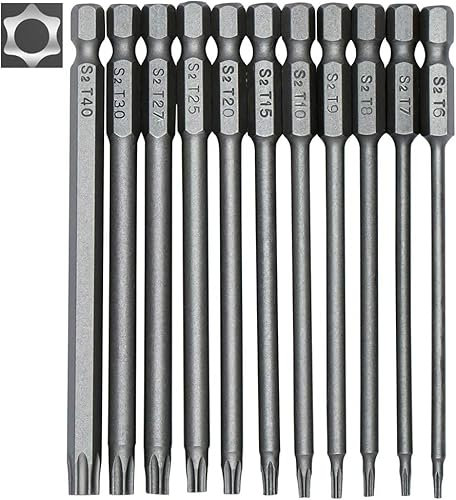 Prebarfun 14 Pièces Tournevis Torx Magnetique, 100mm Embouts de Vissage Long, 1/4 Tournevis Torx Avec Trou Central, Embout Torx Creux, Tournevis Etoile pour Tournevis Et Visseuse Electrique