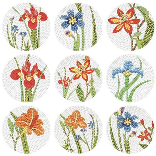 F4B 9 Pièces Dessous de Verre Peinture Diamant Fleurs Sauvages | Strass Ronds | Avec Support | Sous Main | Enfants | Paquet Adultes et Enfants