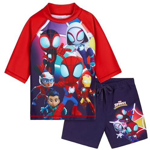 Get Trend Marvel Spidey Swimsuit Set for Boys 2 Pcs with Swimming Trunks Boys Rash Vest for Swimming Beach Trip Holiday Essentials (3-4 Years, Navy Spidey)
