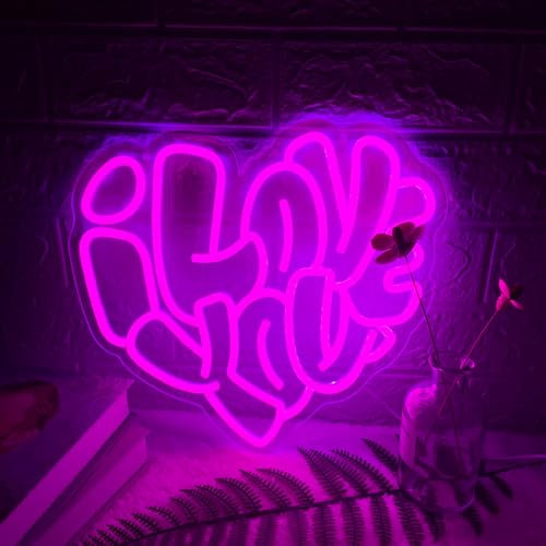 I LOVE YOU Neon Sign, USB 6v Powered Pink Neon Light Brightness Adjustable for Wall Decoration, Suitable for Bedroom, Living Room, Corridor, Game Room,Bar Decoration Placard PS-95