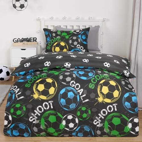 OHS Double Duvet Set, Super Soft Cosy Comfy Fabric Stylish Football Graphic Design Reversible Quilt Double Duvet Cover with 2 Matching Pillowcases, Black