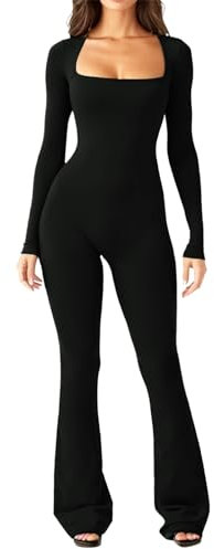 Jumpsuit Damen Langarm Flared Jumpsuit hohe elastische Bodysuit Eng Yoga Sport Bodycon Romper Ganzkörperanzug Schwarz S