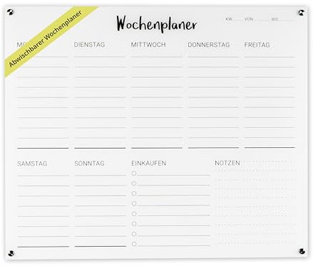Wochenplaner Acryl - beschreibbar & abwischbar - Wandplaner und Familienplaner mit Abstandshaltern - ideale Haushalts- und Planungstafel für Eltern - Wandkalender – Größe: 50x38 cm – Weiß