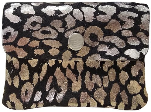 modamoda de P09 Damen Münzgeldbörse Geldbörse Portemonnaie Klein Leder Made in Italy P09, Farbe:Leo Wildleder Schwarz/Silber