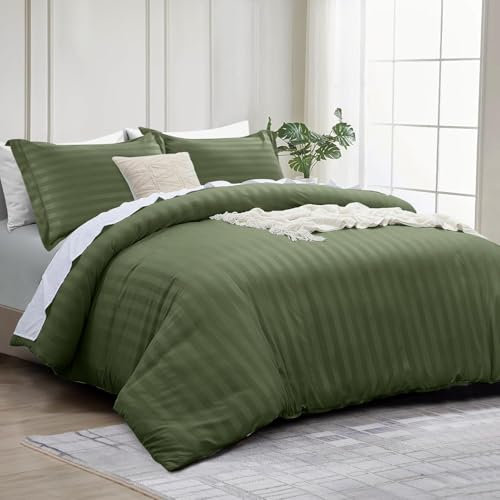 INSPIRE HOMEWARE King Size Duvet Cover Set - Premium Hotel Quality Reversible Satin Stripes Duvet Cover with 2 Pillowcases, Olive Green Kingsize Bedding Set - Soft Microfiber Quilt Bedding