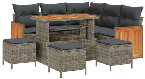 vidaXL 9-teiliges Garten-Sofa-Set mit Kissen in Grau aus Poly Rattan und Akazie. Wetterfeste Möbel für 7 Personen, mit verstellbaren Armlehnen. Modulare, Moderne Lounge-Kollektion für die Terrasse.