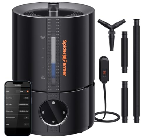 Spider Farmer Neuer 450ml/h Luftbefeuchter für Pflanzen Grow Zelt Schlafzimmer, GGS Smart Ultraschall Humidifier mit Hygrometer Automatische Befeuchtung Abschaltung Indoor Schwarz Klein 5L Top-fill