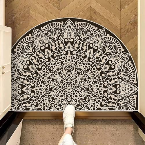 Homxi Teppich Outdoor Halbrund Boho 80 x 120 cm, Garten Teppiche Polyester, Mandala Muster, Outdoor Teppich Dunkelgrau Beige