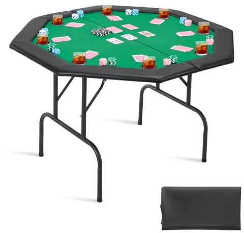 VEVOR klappbarer Pokertisch für 8 Spieler (126 cm) Kasino-Freizeittisch mit gepolsterten Schienen & Getränkehaltern, achteckige tragbare Spieltische mit Filz- und Metallbeinen, Texas Hold’em Poker
