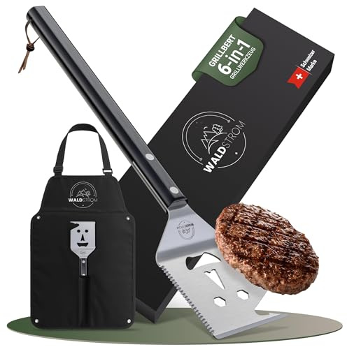 Waldstrom® 6-in-1 Grillspachtel Multitool I Grill Zubehör Set mit inklusive Grillschürze - ideales BBQ Geschenk für Männer I Geburtstagsgeschenk für Männer