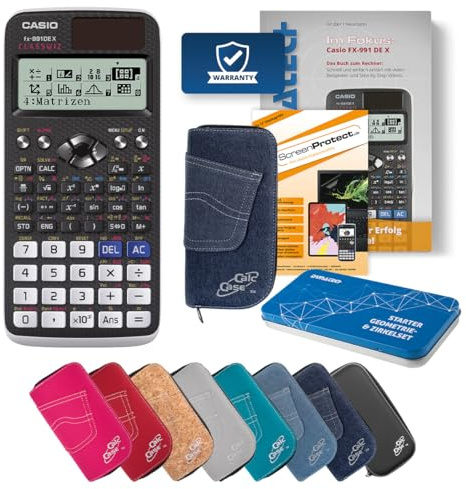 Casio FX-991 DE X Rechner mit Tasche, Folie, Fachbuch und Zirkel Set (Dunkelblau)