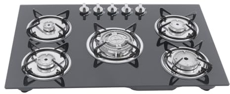 Piano Cottura 5 Fuochi Gas 77cm da Incasso, per Gas Naturale, Sicurezza Tramite Termocoppia, Vetro Temperato, Case e Ristoranti
