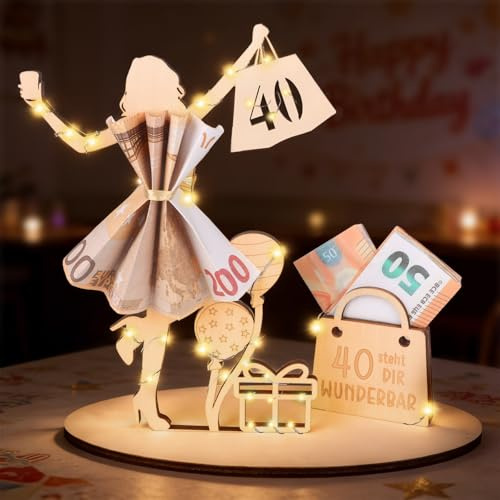 Anruzon Geldgeschenke Geburtstag 40 Geburtstag Frauen, mit LED Lichterkette Ständer, Holz-Schild Gästebuch, 40.Geburtstag Frau Deko, Personalisierbares Geschenk, Hochzeit Tischdeko Jubiläum
