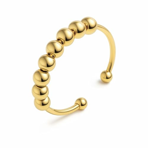 GD GOOD.designs Anxiety Ring mit beweglichen Perlen - Wasserfester Anti Stress Ringe in 18K Gold | Größenverstellbare Fidget Rings