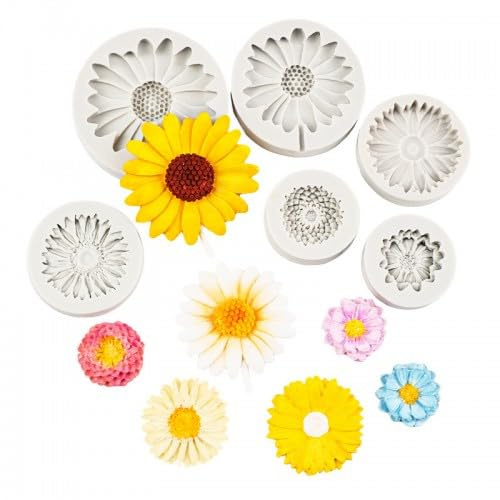 Merzio 6PCS Flower Silicone Moulds Set, 3D Chrysanthemum Sunflower Daisy Silicone Moulds for Cake Decorating, Non Stick Chocolate Candy Fondant Moulds, Soap Candle Wax Melt Clay Resin Casting Moulds