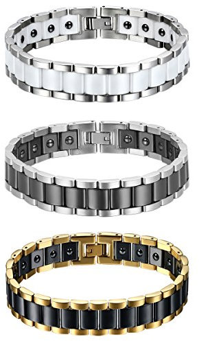 JewelryWe Schmuck 3pcs Herren Magnet Armband, Edelstahl Keramik, Fashion I Rechteck Link Magnetarmband Armreif, Silber Gold Schwarz Weiß