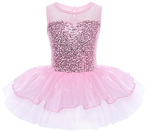 iEFiEL Mädchen Kleid Ballettkleid Kinder Ballett Trikot Ballettanzug mit Tütü Röckchen Pailletten Kleid in Weiß Rosa Türkis (134-140, Rosa B)