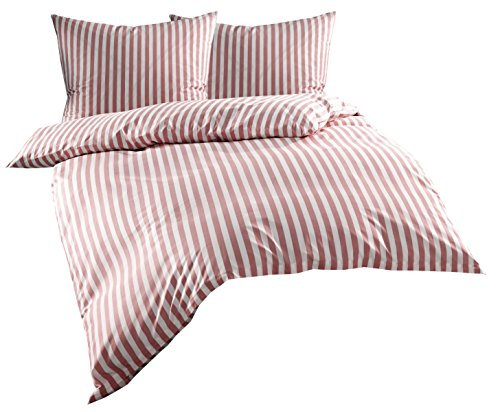 Mako Batist/Mako Perkal Landhaus Bettwäsche Streifen Oslo gestreift (200 cm x 220 cm + 2X 80 cm x 80 cm, Rot - Streifen)