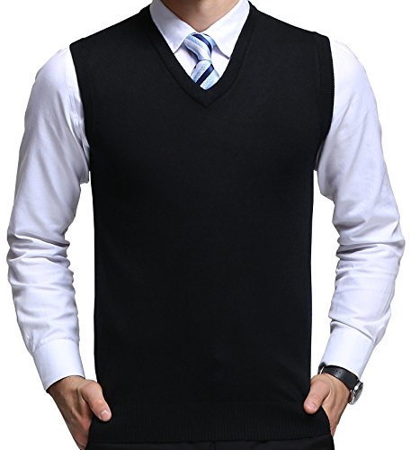 FULIER Mens Winter V-Neck Sleeveless Vest Classic Business Gentleman Knitwear Knitted Waistcoat Sweater Cardigans Tank Tops Black
