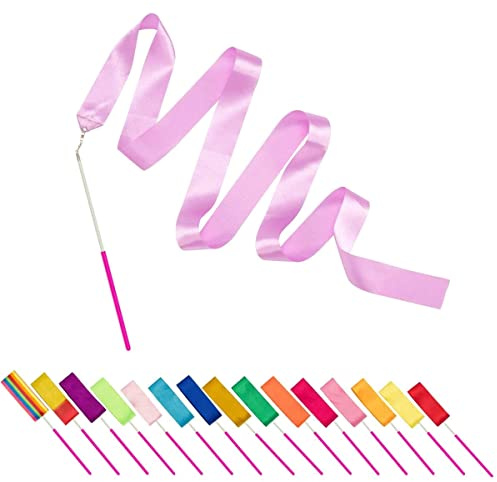 PAMASE Dance Ribbons - 16 Packs Ribbon Wands with Non-Slip Handles for Girls Gift, 6.6ft Rhythmic Gymnastics Dancing Rainbow Twirler Sticks Streamers Dance Flags