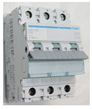 Disjoncteur 16A 3P courbe D 25kA 3M bornes vis HAGER NSN316