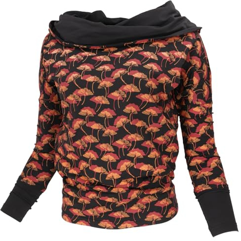 GURU SHOP Lockeres Longshirt aus Bio-Baumwolle, Schalkapuze | Fledermausärmel, elastisches Material, normale Passform, lässiger Schnitt, vielseitig tragbar