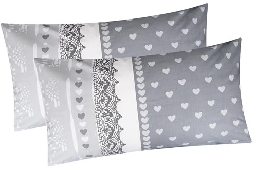 Baumwoll Renforcé Kissenbezug - 2er Set in 40x80cm - Streifen Herzen in grau und Anthrazit - Kopfkissenbezug, Kissenhülle, Dekokissenbezug 100% Baumwolle (386-2-KB)
