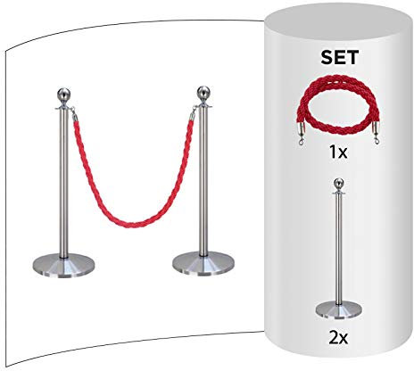 2-Stück-Set FLEXIBARRIER Personenleitsystem Absperrung mit Kordel -Basic- (Silber) Kordelständer/Absperrständer (2X Pfosten + 1x Rot Kordel)