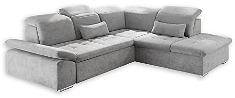 Stella Trading WAYNE Ecksofa mit Schlaffunktion, Stoffbezug Silber - Ausziehbare Eckcouch mit Bettkasten & verstellbaren Arm- und Kopfteilen - 276 x 81(104) x 240 cm (B/H/T)