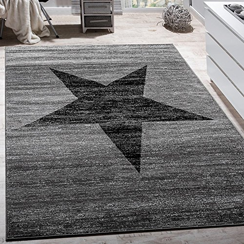 Paco Home Wohnzimmer Teppich Mit Stern Muster, Moderner Kinder- und Jugendzimmer Kurzflor, Grösse:160x220 cm, Farbe:Grau