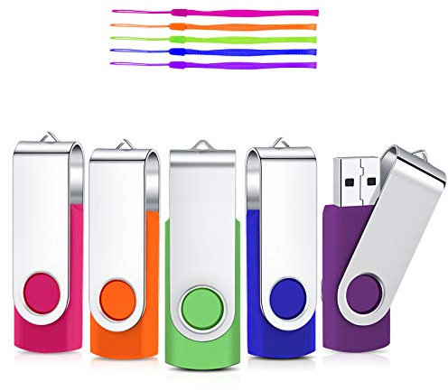2GB USB Flash Drive, Cardfuss 5 Pack USB2.0 Memory Stick Swivel Thumb Drives USB Stick Jump Drive Pen Drive Data Storage with Led Indicator (Multi-Color with Lanyards)