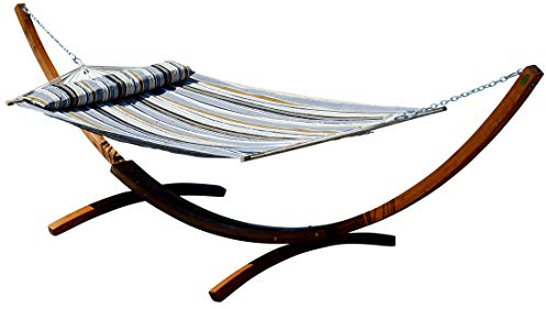 ALEOS. 400cm XXL Hängemattengestell Gestell aus Holz Lärche Dunkelbraun mit Stab Hängematte gefüttert mit Kopfkissen Grau gestreift 120x200 cm