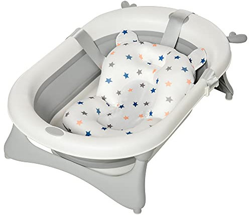 HOMCOM Bañera Plegable para Bebé Bañera Bebé 0-3 Años 81,5x50,5x23,5 cm con Tapón Termosensible Cojín y Almohadillas Antideslizantes Gris