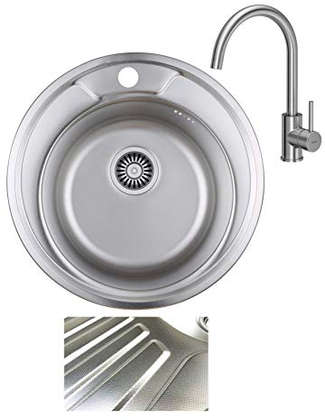 VBChome Rundspüle Ø 49 cm mit Armatur & Abtropffläche – Einbauspüle Edelstahl Inox Leinenstruktur – ab 45 cm Unterschrank – inkl. Siphon & Ablaufgarnitur – für Küche & Camping