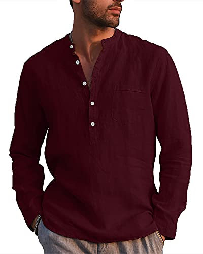 LVCBL Casual Shirts Monochrome Men with Pockets Party Office Wine Red 2XL
