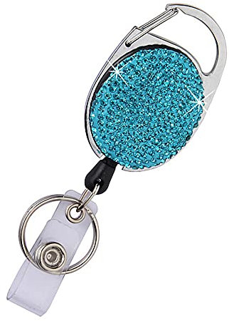 Porte-badge rétractable à strass avec clip de ceinture et anneau porte-clés - Jusqu'à 61 cm - Cadeau pour femme et fille - Bleu lac