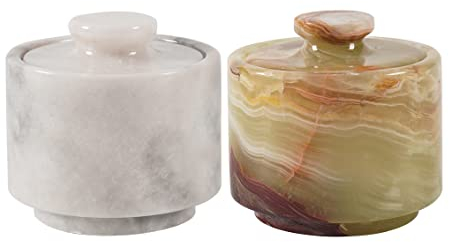 MARBLOUS KRAFTS Marmor-Salzgefäß, Schmuckdose und Aufbewahrungsgefäß aus weißem und grünem Onyx, 103 ml, 6,7 x 6,7 cm, Küchendekor für die Theke, Salz- und Pfefferschüsseln, Salzbehälter