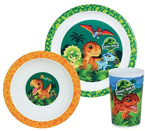 FUN HOUSE 006066 JURASSIC WORLD DINOSAURE Ensemble repas composé d’une assiette plate Ø 22 cm, d’une assiette creuse ou bol Ø 16 cm et d’un verre 220 ml pour enfant Multicolore