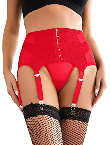 ohyeahqueen Damen Hosenträger Strapsgürtel Strumpfband Hipster Verstellbar Strapsen Belt Garter Dessous Strapshalter Spitze Strumpfgürtel für Frau, Rot, M-L, (33P5196)