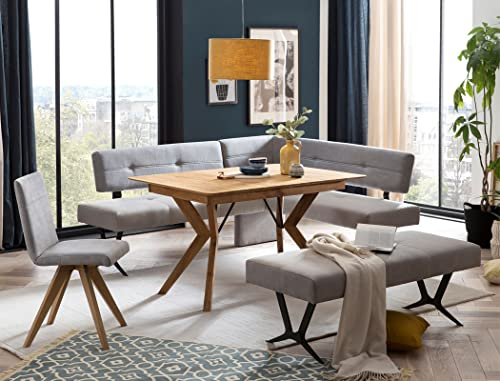 expendio Tischgruppe Esstisch Gerwin 1XL 130(180) x90 cm Eiche rustikal massiv + 2X Bank EDA 2 + 1x Stuhl Caja Bezug Kombi Natural Gray, kurzer Schenkel bei Eckbank:rechts