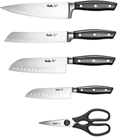 Fissler PROFI Messerset 5 tlg, Spezialklingen-Edelstahl geschmiedet - scharf, 4 Küchenmesser & Küchenschere Set, Kochmesser / 2 Santoku-Messer/Brotmesser/Schere