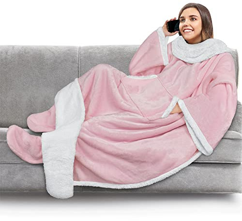 PAVILIA Fleece Blanket with Sleeves and Foot Pockets for Women Men Adults, Wearable Blanket Sleeved Throw Wrap, Plush Hug Sleep Pod Snuggle Blanket Robe, Cozy Gift Ideas Wife Mom, Light Pink, Sherpa