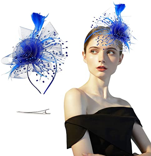 TSHAOUN Fascinators Hut Blume Mesh Bänder Federn auf einem Stirnband und Einem Geteilten Clip, Clip Kopfschmuck Haarschmuck für Party Kirche Hochzeit Cocktail Jockey Club Braut Hochzeit (Blue) (Blue)